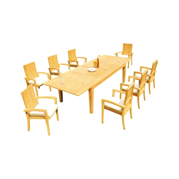 Grade-A Teak Dining Set: 8 Seater 9 Pc: 122" Caranas Rectangle Table And 8 Goa Stackng Arm Chairs Outdoor Patio WholesaleTeak #51GO2909