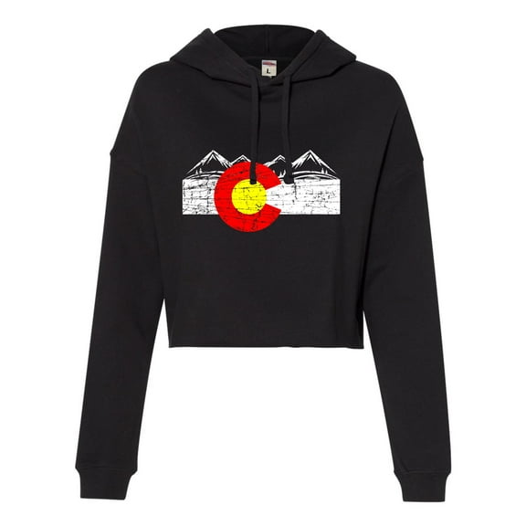 Womens Distressed Colorado Flag Rocky Mountains Cropped Hooded Sweatshirt