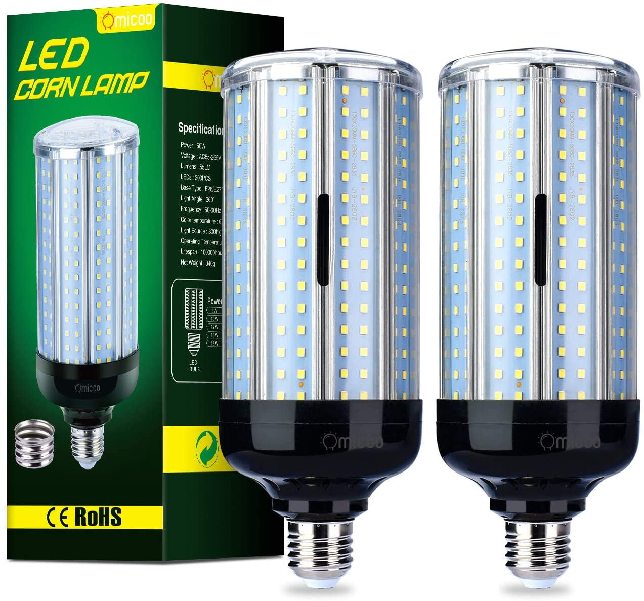 240 LED Beads Super Bright Daylight 5000 high Lumen led Bulb White E26/A19 Base LED Corn Light Bulb 500W Equivalent Omicoo 2pc 50W 