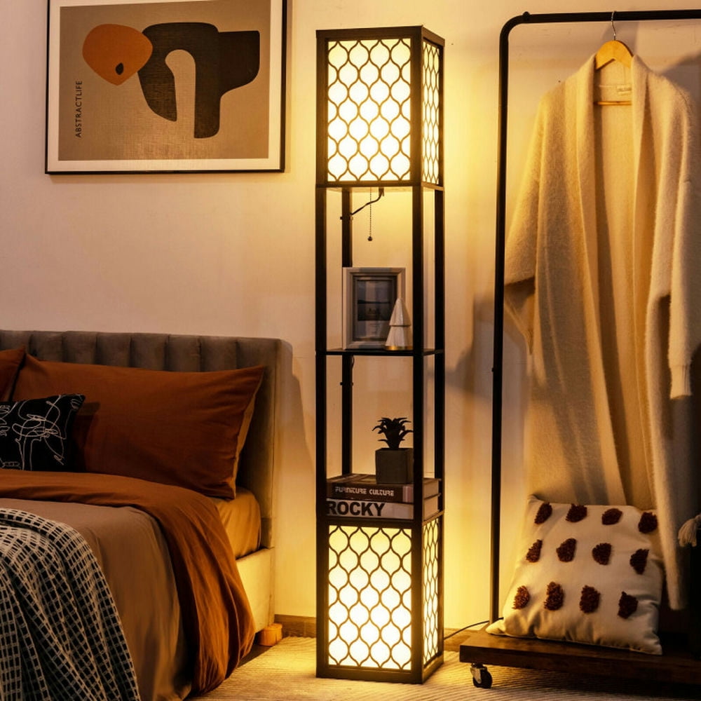 YYAo Lamp, Floor Lamp for Living Room, Modern Shelf Freestanding Floor Lamp with Double Lamp Pull Chain and Foot Switch