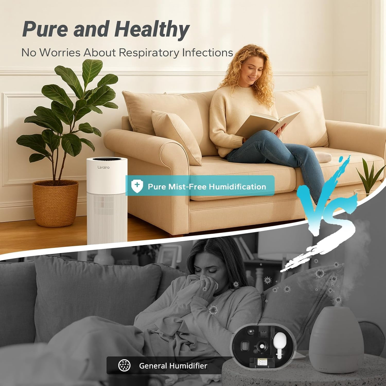 Livatro 8L Evaporative Humidifier, Whole‑House, Top Fill, Auto‑Dry Filter, Invisible Mist for Bedroom/Baby