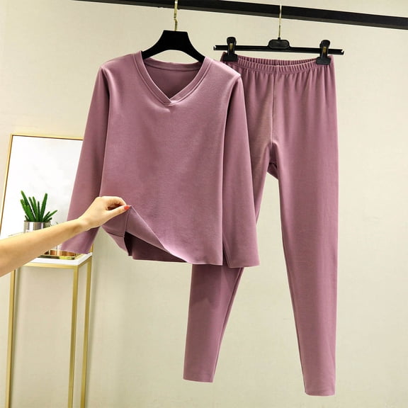 Goodtrade8 Womens Loungewear Plus Size Fleece V-Neck Long Sleeve 2 Piece Casual Solid Color Pajamas for Women