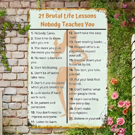 Vintage Iron 8x12 Ironic Metal Logo - 21 Cruel Life Lessons No One Teaches You - Multipurpose Wall Mounted Outdoor Decoration for Porch, Garage, Home, Cafe, Farm, Garden Art - Waterproof & UV Fade