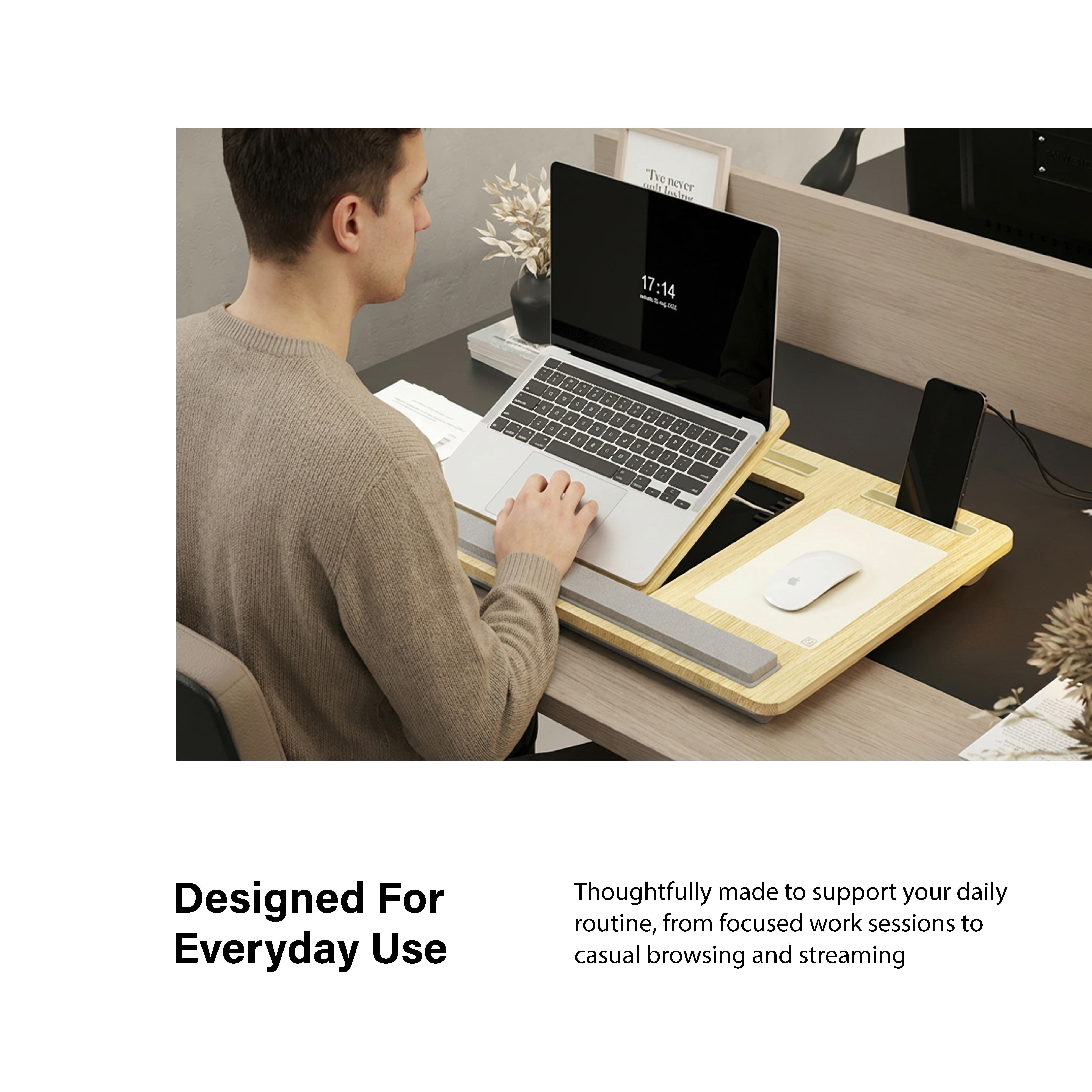 Incipio Portable Lap Desk Workstation with Cushion Base & Carry Handle, Built-in Mouse Pad, Tablet & Phone Holder Slots, Adjustable Laptop Stand for Bed, Couch & Office Use-Oak