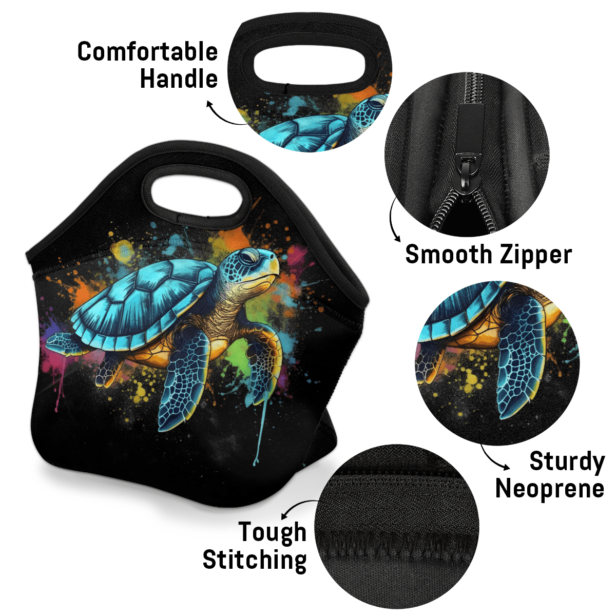 Herdesigns Colorful Neoprene Lunch Bag, Sea Turtle Insulated Lunch Box for Women Men Washable Lunch Tote Soft Lunch Container With Zipper for Work Picnic Travel