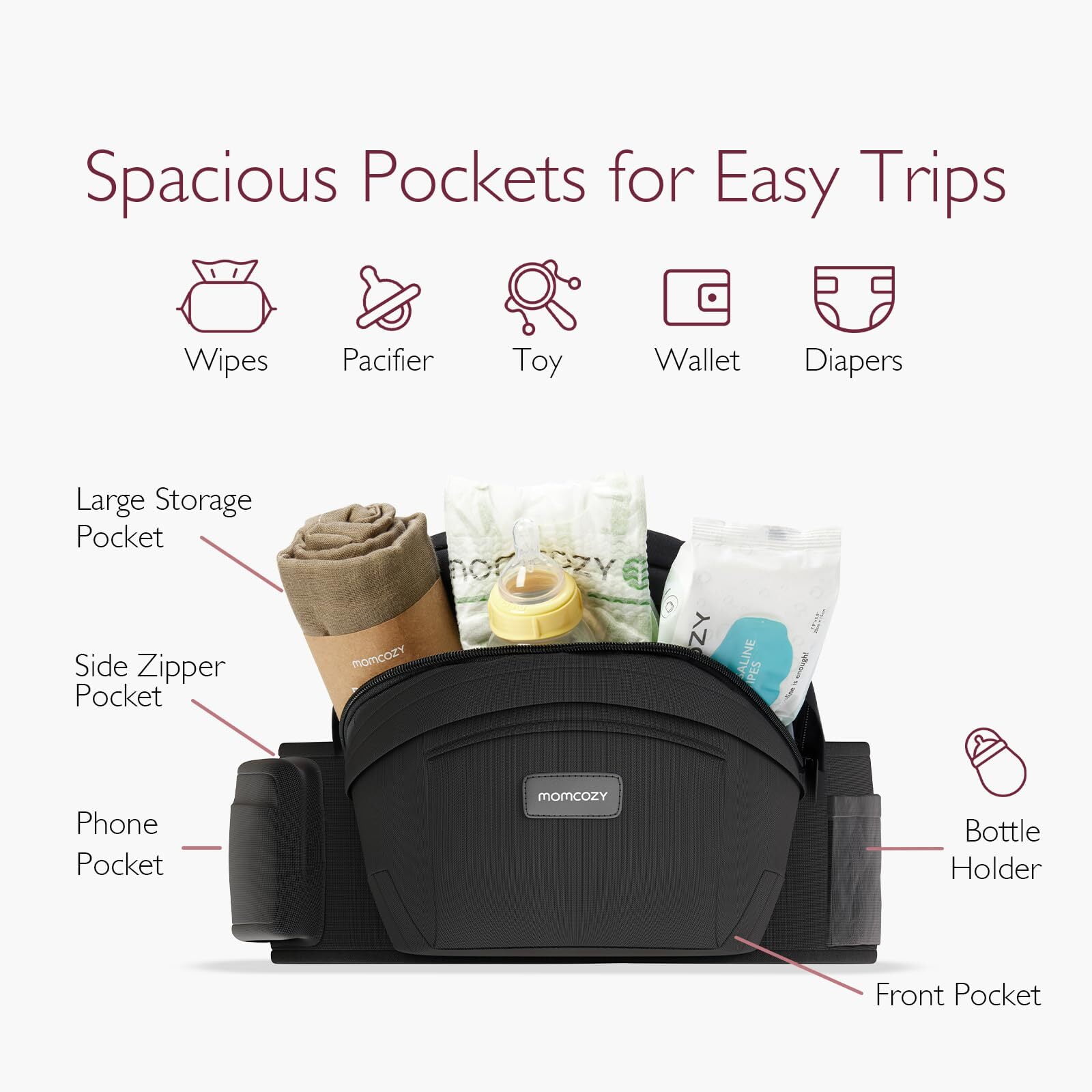 Momcozy Hip Seat Baby Carrier - Adjustable Waistband with Original 3D Belly Protector, Ergonomic Carrier with Various Pockets for Newborns & Toddlers up to 45lbs (Black, Large)