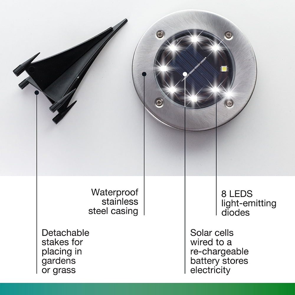Bell + Howell Solar Powered Swivel Disk Lights, Outdoor Path Lights with 8 LED Bulbs, Stainless Steel 4 Pack