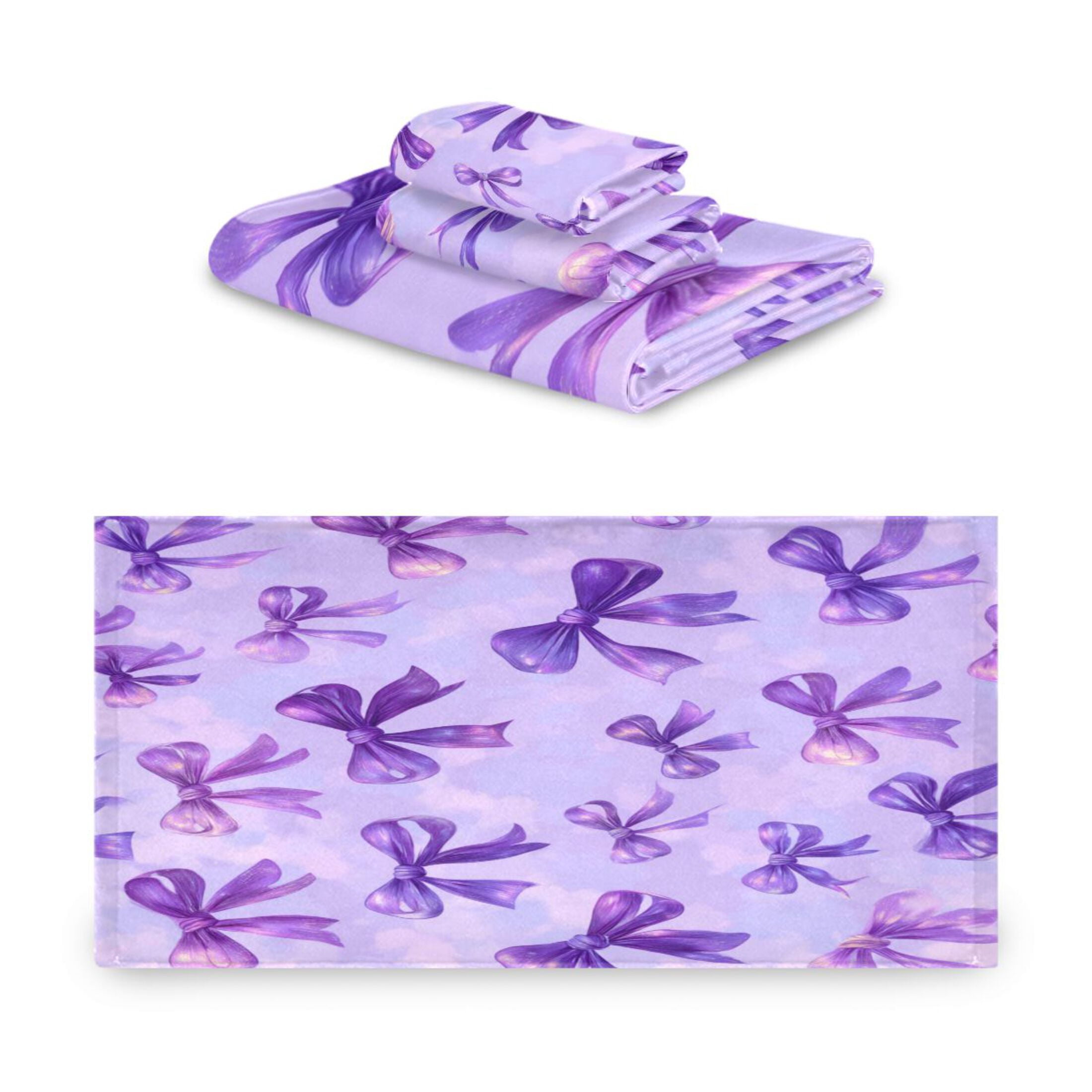 3 Sizes of Towel Sets Including Bath Towel Hand Towel and Washcloth for Daily Use Vibrant Purple Bows Pattern