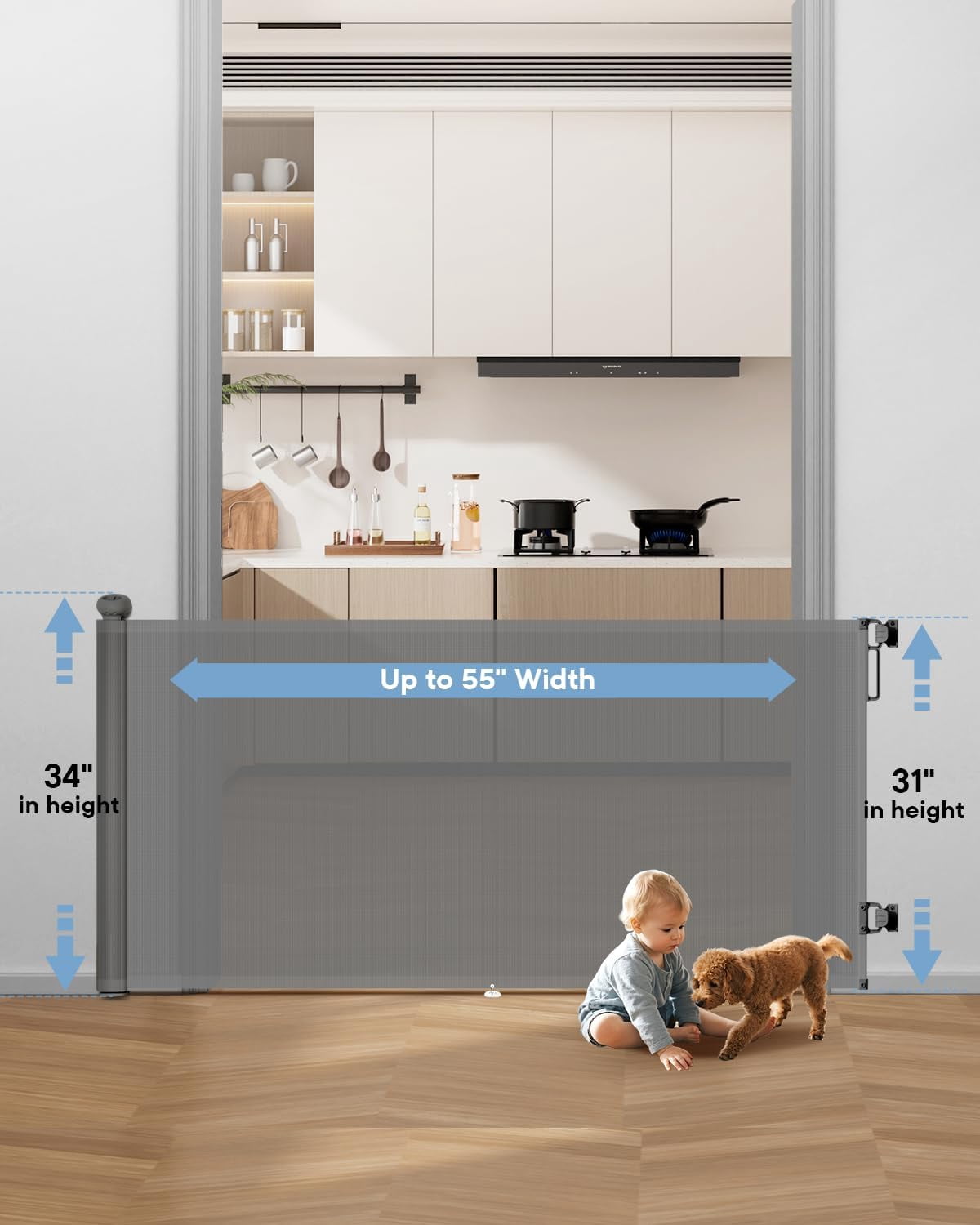 UniVerse Retractable Baby Gate, for Stairs 55" Wide Mesh Dog Gate Indoor, Two-Step Safety Lock, 34" Tall Child Gate for Doorways, Hallways, Deck, Indoor Outdoor Garage Gray