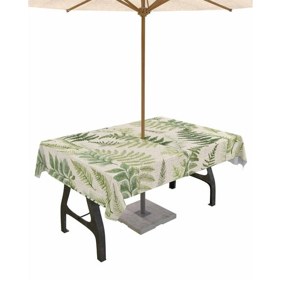 Hokiten Outdoor Tablecloths with Umbrella Hole & Zipper, Summer Botanical Tablecloth Rectangle 60x84 Inch, Green Palm Leaves Vintage Waterproof Table Cloth, Patio/Pool/Picnic Table Covers