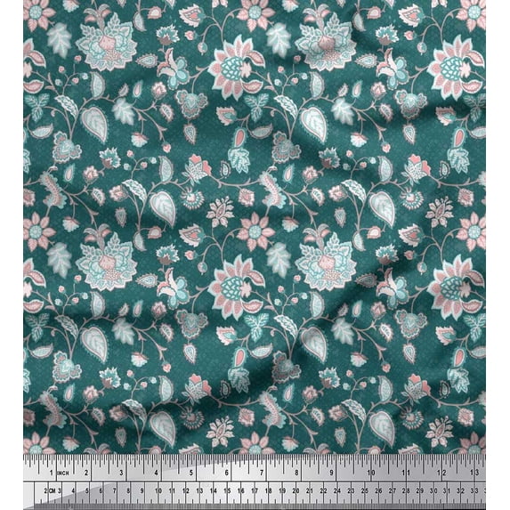 Soimoi Velvet Fabric Leaves & Floral Block Print Fabric by Yard 58 Inch Wide