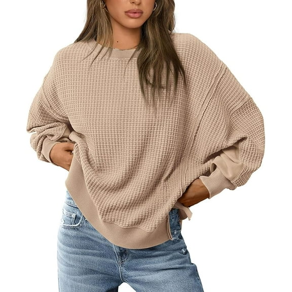 PRETTYGARDEN Oversized Sweatshirt for Women Fashion Crewneck Long Sleeve Pullover Waffle Knit Tops Fall Trendy Clothes
