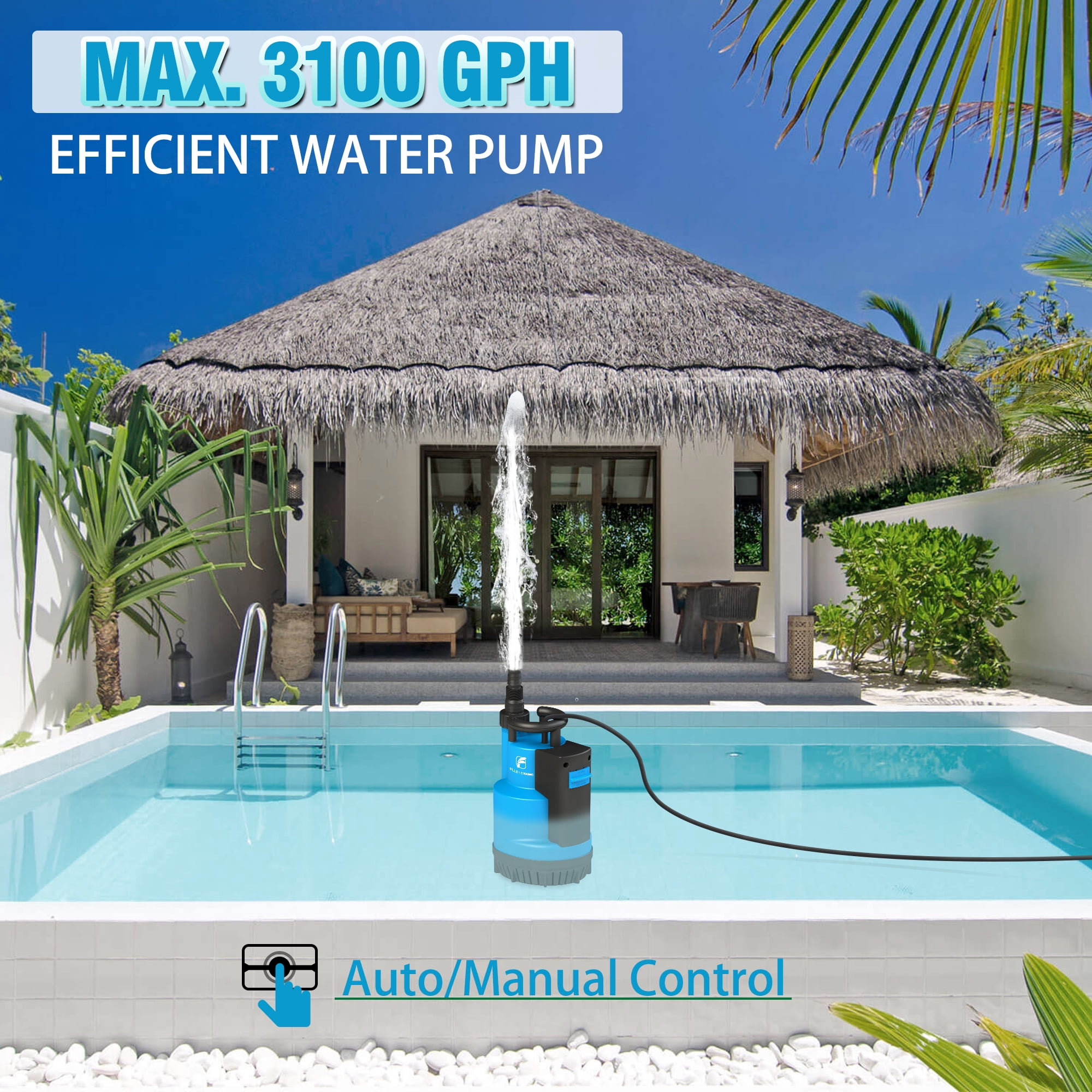FLUENTPOWER  3/4HP 3100GPH Submersible Sump Water Pump, Auto/Manual Control by Integrated Float Switch, with 16.4 Ft Cord for Pool Tub Garden Pond Flooded Basement Draining