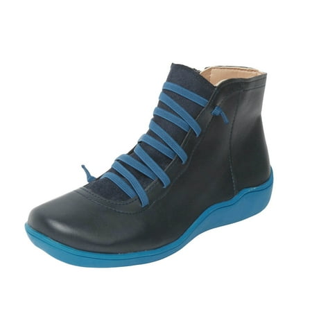 

Quealent Ankle Boots for Women Comfy Boho Fashion New Arch Support Booties Side Casual Leather Lace Up Low Heel Boots (Blue 9.5)