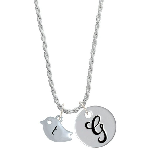 Delight Jewelry Silvertone Little Bird Initial - T - Silvertone Script Initial Disc - G - Charm Necklace, 20"+3"