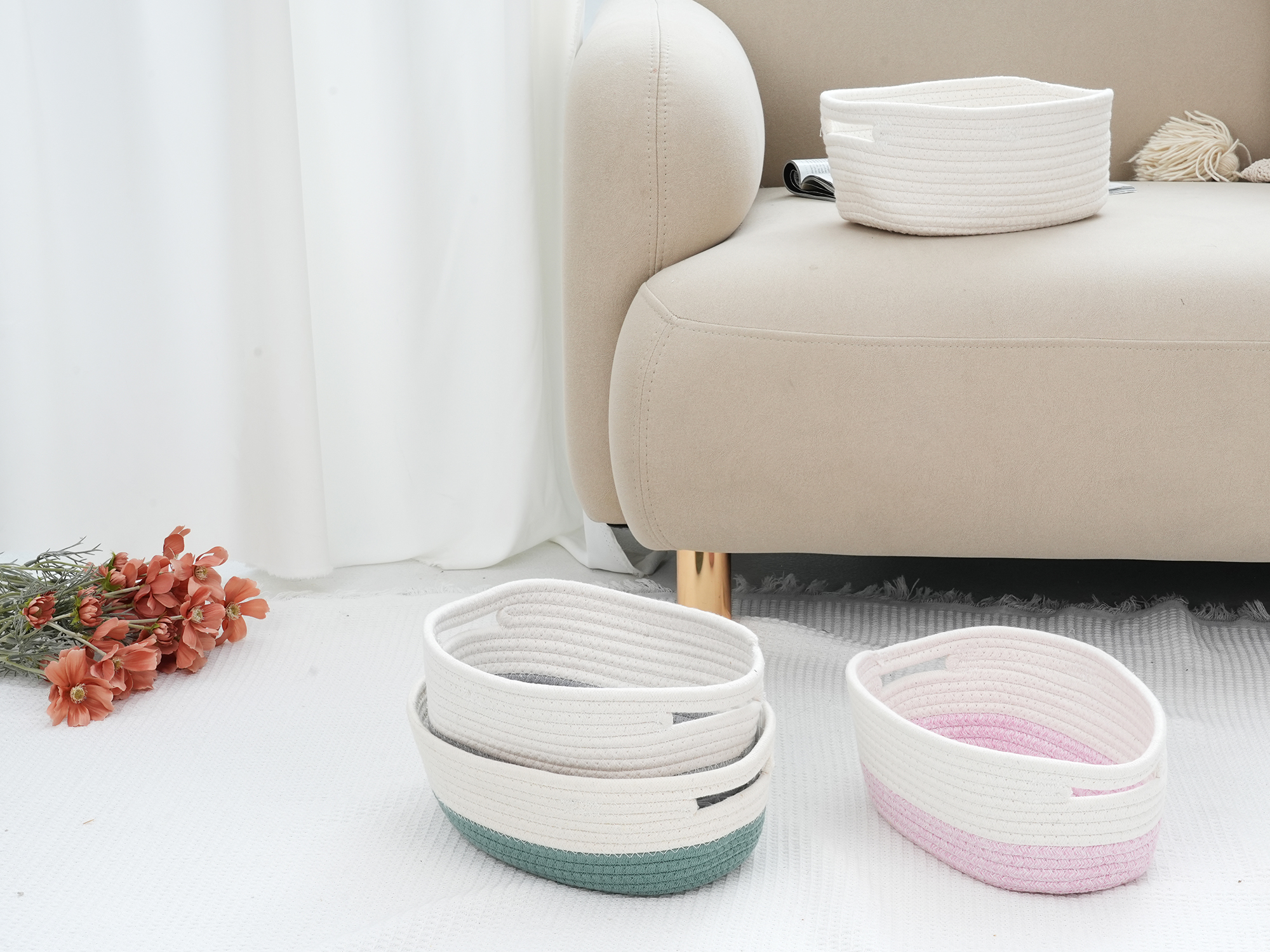Unique Bargains Woven Storage Basket Shelf Storage Bin for Home Clothes with Handles Pink