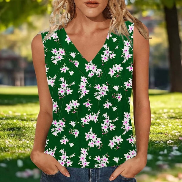 TaTaai Womens Fashion Sleeveless Tshirt V Neck Camisole Top Strap Design Printed Loose Fit Spring Summer Casual Wear Gift