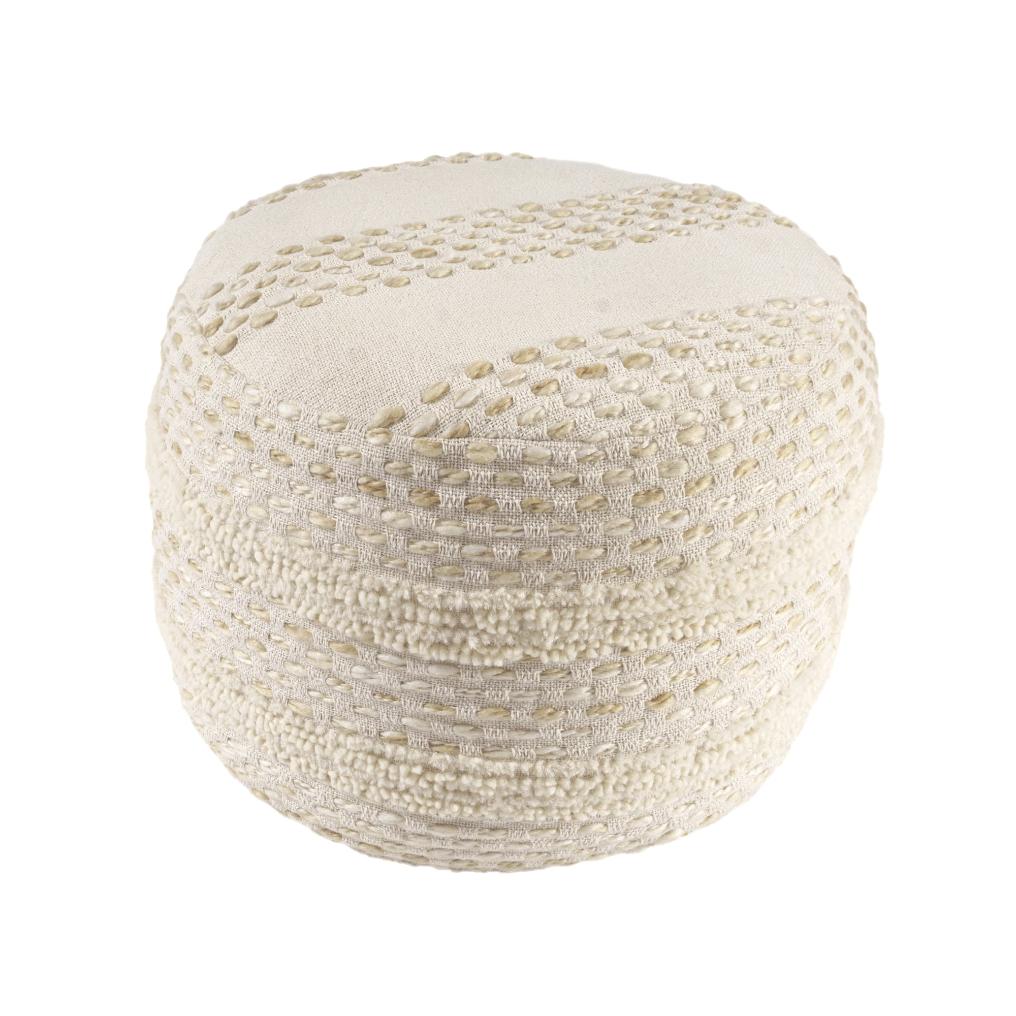 Ox Bay Amadeus Striped Farmhouse Cotton Ultra-Soft Indoor Ottoman Pouf, White/Beige, 18" x 18" x 14"