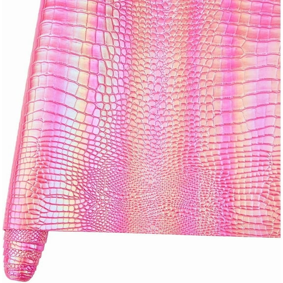 53 x 11.8 Inch 1MM Holographic Leather Roll Pink Crocodile Texture Embossed PU Leather Sheets Metallic Iridescent Glossy Mirrored Vinyl Fabric for DIY DIY Earrings Bows Crafts Making