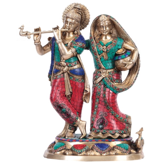 16" Radha Krishna Brass Sculpture Handmade - Divine Couple Idol