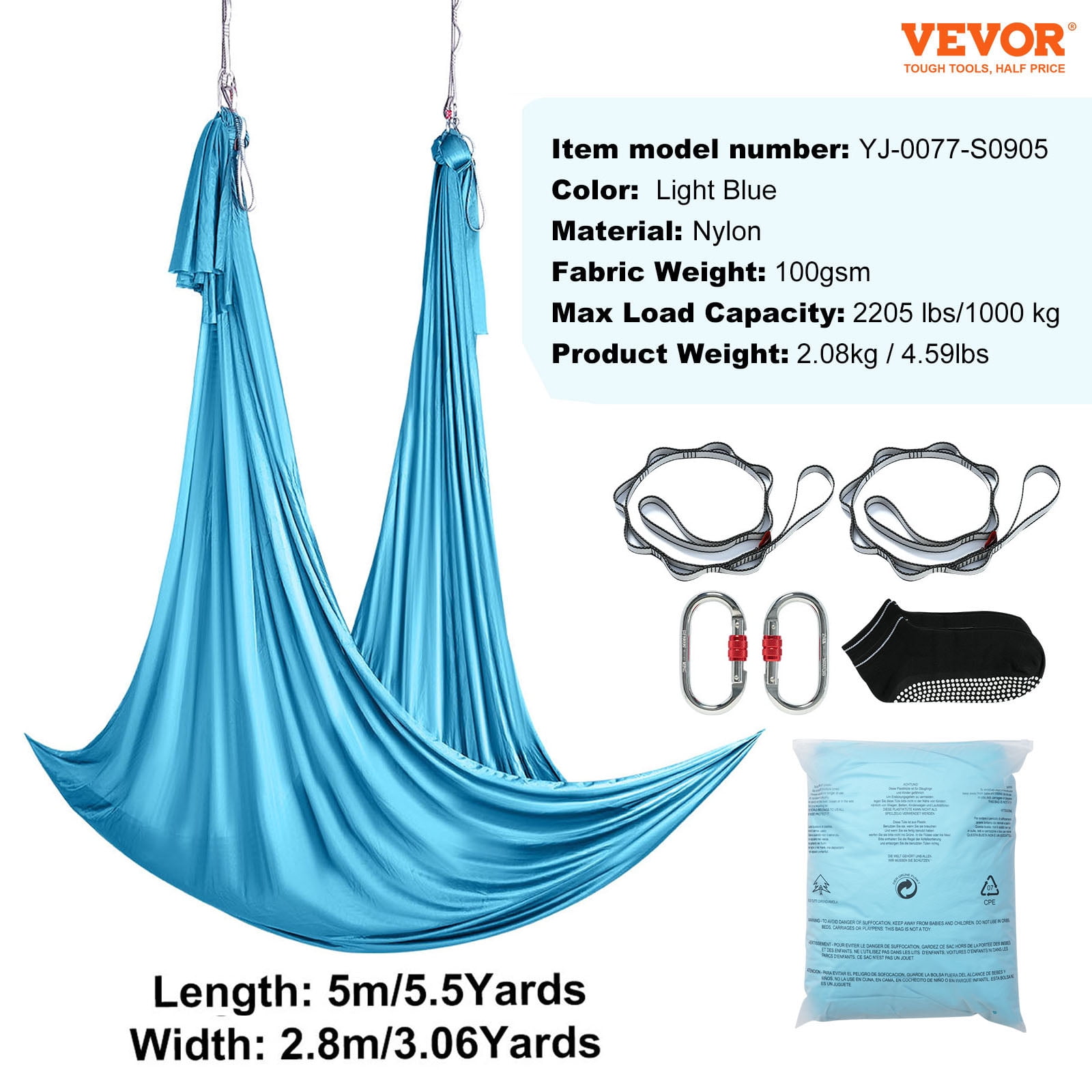 VEVOR Aerial Yoga Hammock & Swing,5.5 Yards, Aerial Yoga Starter Kit with 100gsm Nylon Fabric, Full Rigging Hardware & Easy Set-up Guide, Antigravity Flying for All Levels Fitness Bodybuilding,Blue