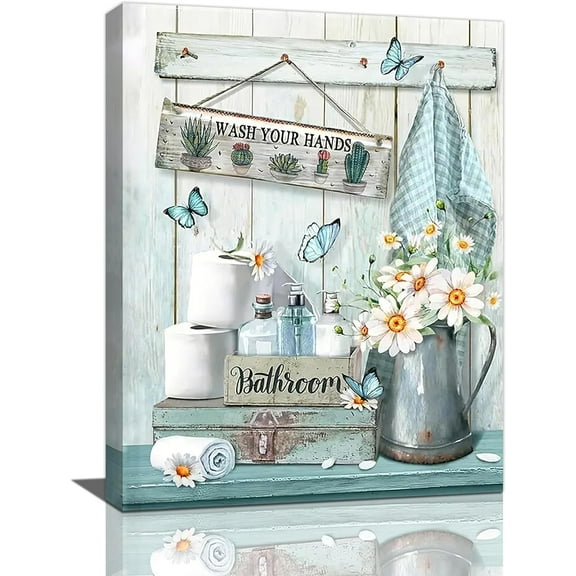 Farmhouse Bathroom Wall Art Country Bathroom Wall Decor Blue Butterfly Daisy Wash Your Hands Canvas Bathroom Pictures Print Painting Artwork Bathroom Decorations for Toilet Restroom Bathroom 12"x16"