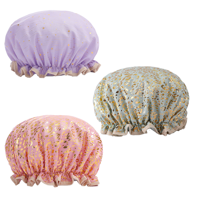 Shower Caps, 3 PACK Bath Cap for Women Waterproof & Double Layered Shower Cap (Multi-colored)