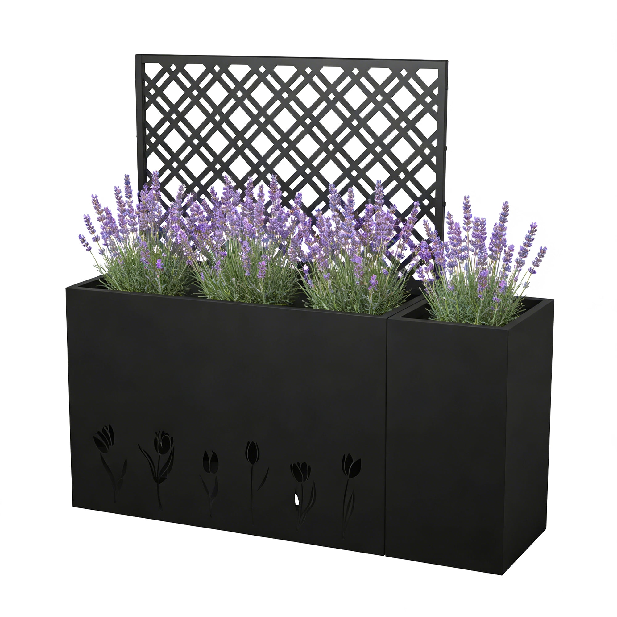 Mintazer Metal Planter Box Set with Trellis & Tulip Pattern, Outdoor Privacy Planter with Drainage Holes, Rust-Resistant Galvanized Steel Flower Planter, Black