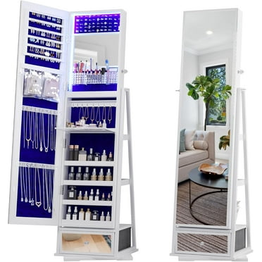 AENKYO 360° Rotating Jewelry Armoire, Full Length Mirror Large Capacity 3 Color Dimmable Jewelry Organizer Armoire, Lockable Floor Standing Mirror with Rear Storage - White