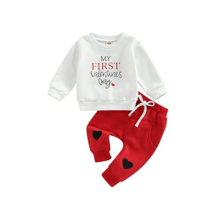 

My 1st Valentines Day Outfits Baby Boys Long Sleeve Shirts Letter Sweatshirt Heart Drawstring Pants