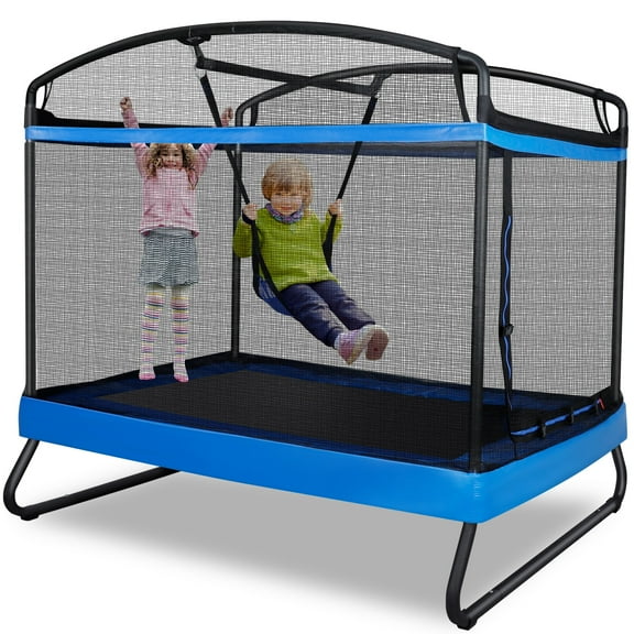 GIKPAL 3-in-1 6FT Rectangle Kids Trampoline w/ Swing & Safety Enclosure,Backyard Recreational Trampolines for Indoor Outdoor, Blue