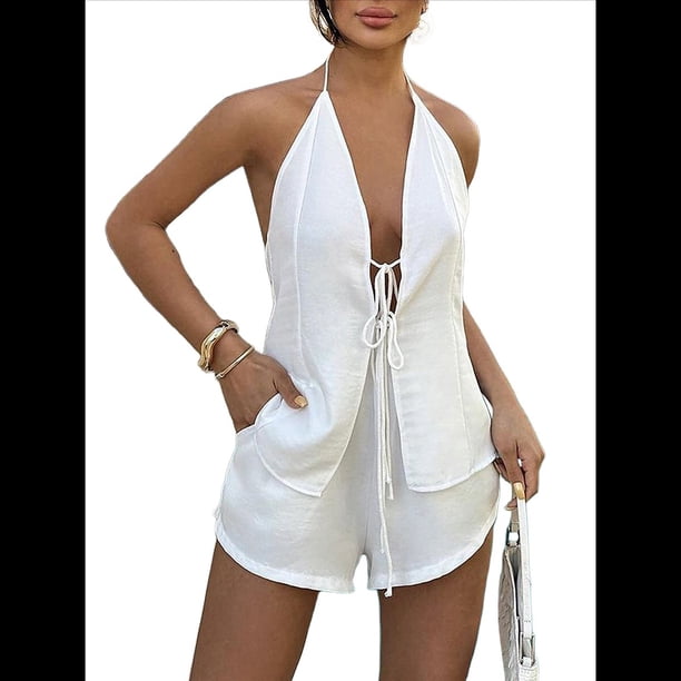 Conjunto de 2 Piezas de Top Holgado de Verano para Mujer, Sexy, con Espalda Descubierta, Cuello Halter y Lazo Frontal, y Pantalones Cortos de Cintura Alta. Crema L