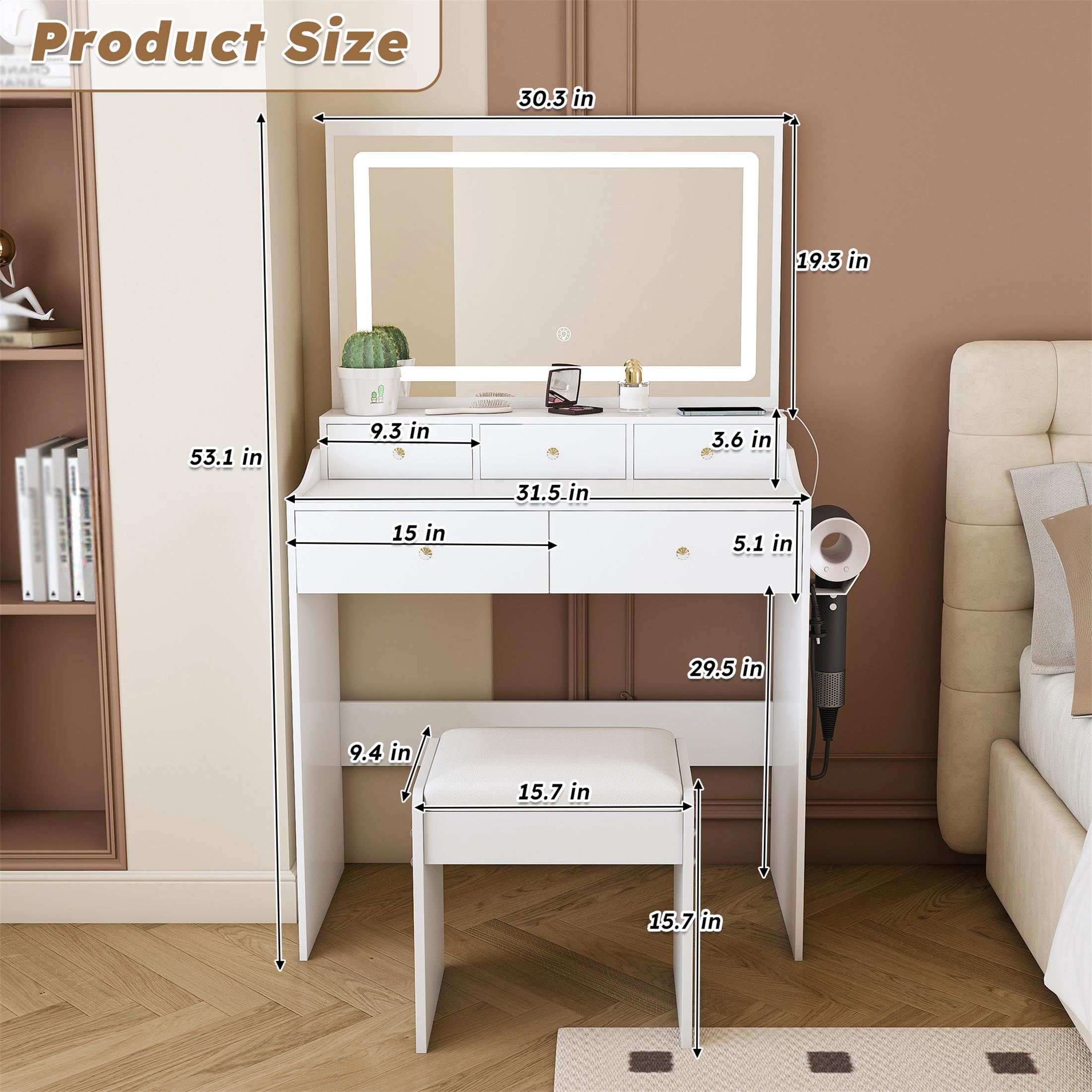 UHOMEPRO Vanity Set with Mirror, Lighted Makeup Vanity Desk with 5 Drawers, Storage Shelves, Hair Dryer Rack, and Cushioned Stool, Modern Makeup Desk Dressing Table for Girls Bedroom, White