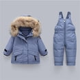 thumbnail image 1 of Toddler Baby Girl Winter Snowsuit Set Toddler Hoodied Down Coat Jacket Top + Suspenders Pants Winter Clothes for Kids Boys Girls（1-5 Years）,Blue,2-3 Years, 1 of 3