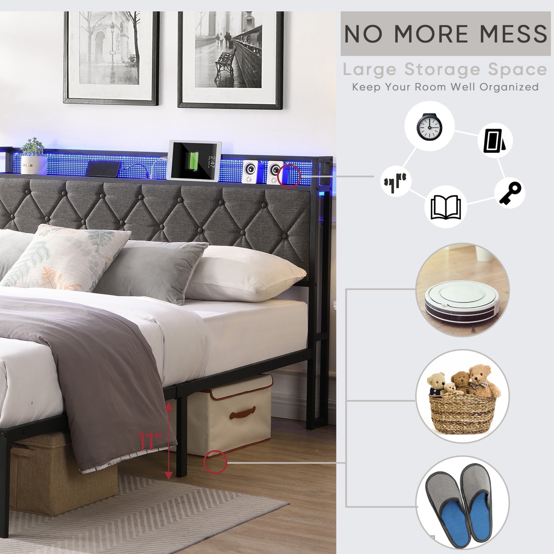 AENKYO Full Size Bed Frame Upholstered Backrest Bed with LED Lights, Platform Bed Frame with Charging Station, Dark Gray
