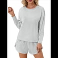 thumbnail image 1 of Conjuntos de Pijama para Mujer, Conjuntos de Dos Piezas A Rayas, Top de Larga y Pantalones Cortos con Abertura, Ropa de Dormir Estampada, Pijamas Cómodos. Gris XXL, 1 of 9
