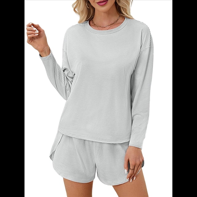 Conjuntos de Pijama para Mujer, Conjuntos de Dos Piezas A Rayas, Top de Larga y Pantalones Cortos con Abertura, Ropa de Dormir Estampada, Pijamas Cómodos. Gris S