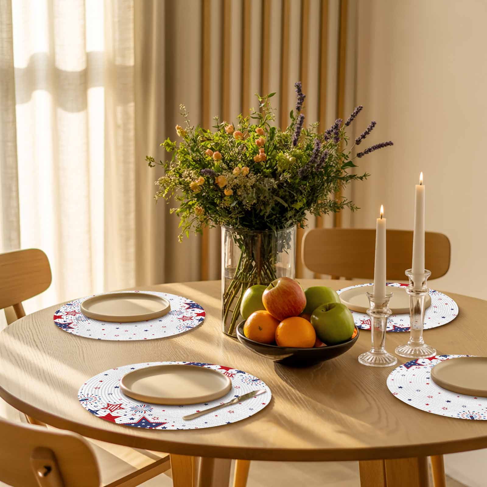 4th of July Round Table Placemats set of 6, Patriotic Red Blue Stars Fireworks Washable Woven Place Mats for Dining Tables Kitchen Party Decor,Heat Proof, 13in, White