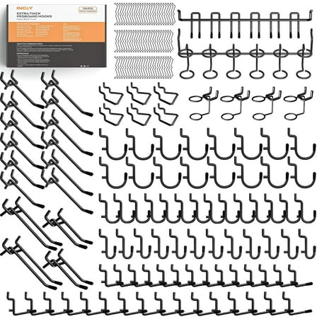 INCLY 176PCS Extra Thick Black Pegboard Hooks Set, 1/4" Heavy Duty Metal Peg Board Hook Assortment with Peg Lock Pegboard Accessories for Garage Wall Organizer Hanging Tools