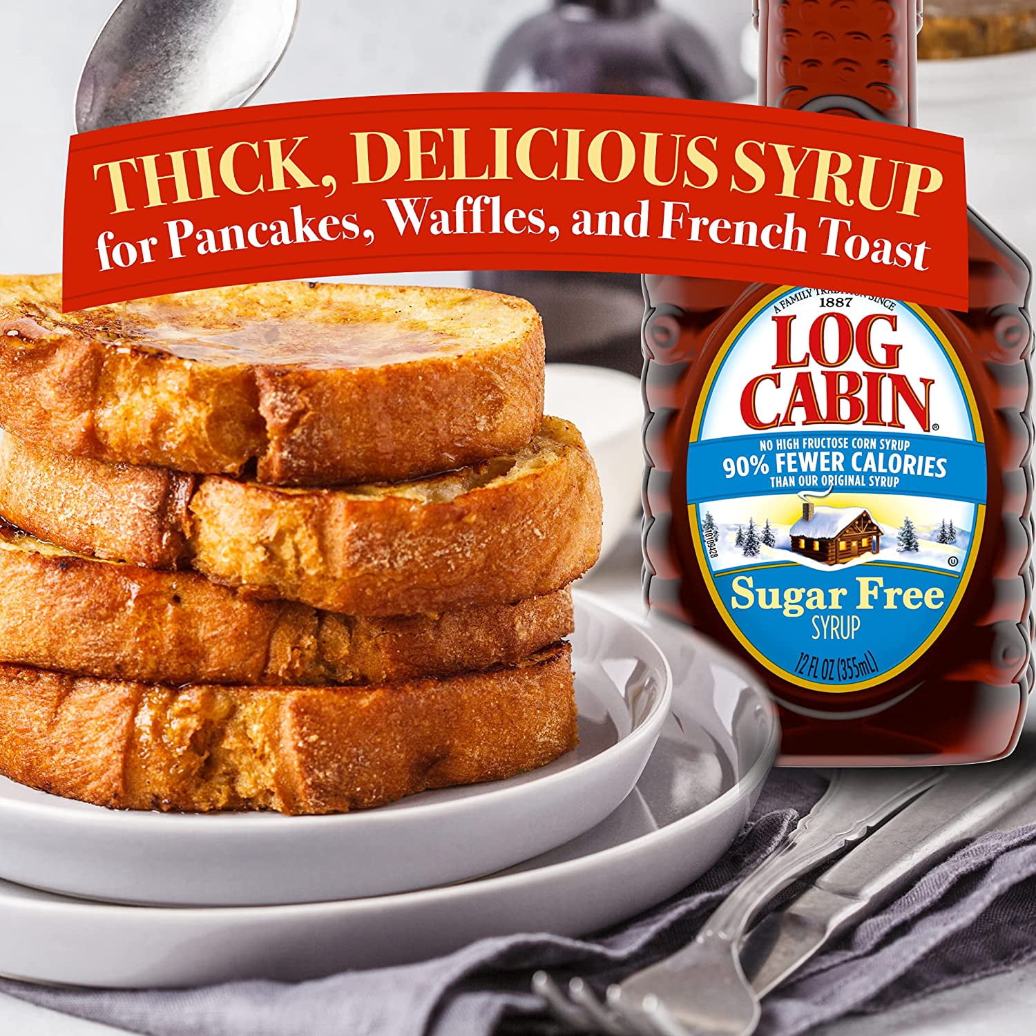 (5 pack) Log Cabin Sugar Free Syrup with Sweet Maple Flavor in Pourable Plastic Bottle, 12 oz