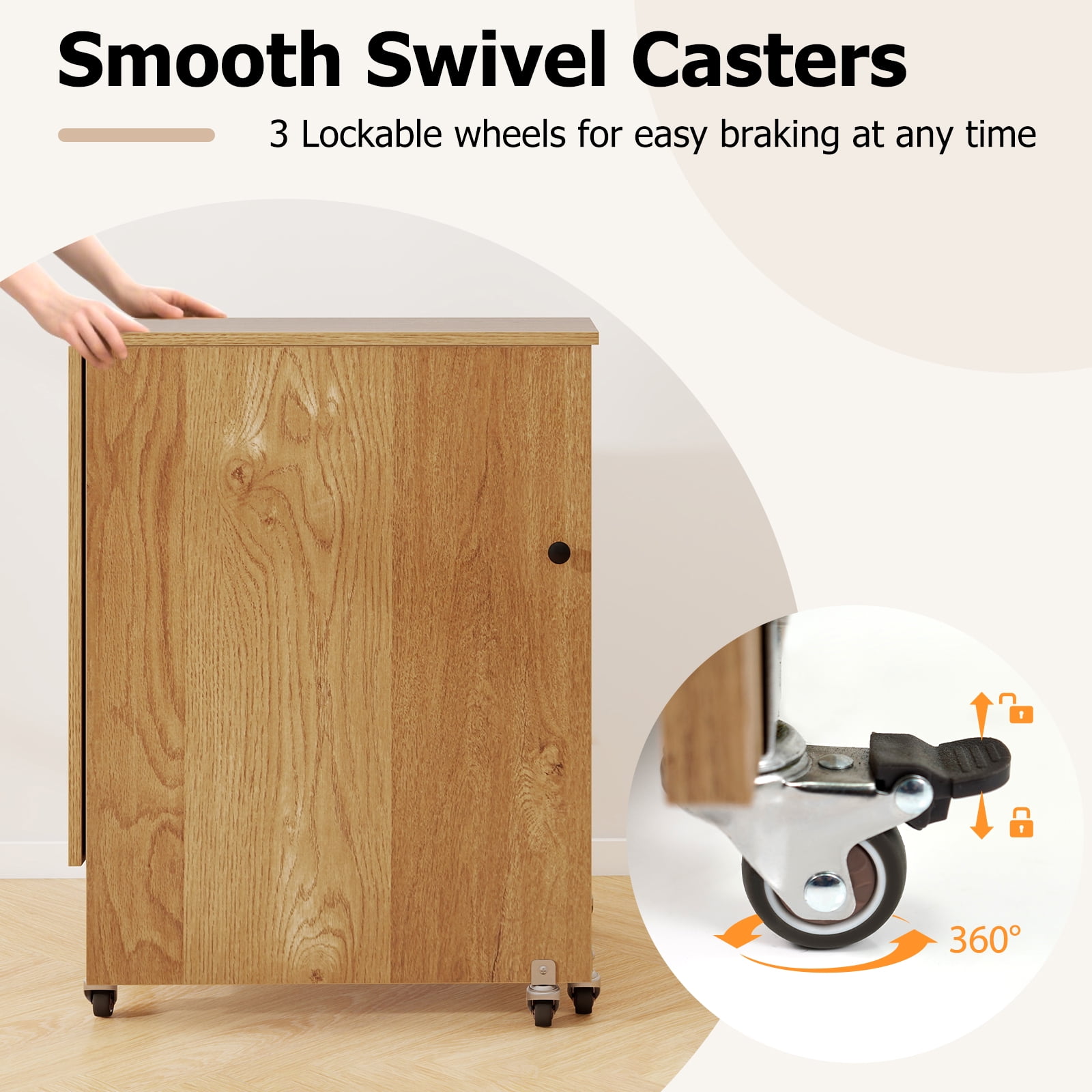 Patiojoy Sewing Machine Table with Charging Station Folding Sewing Cabinet w/Lockable Casters Natural