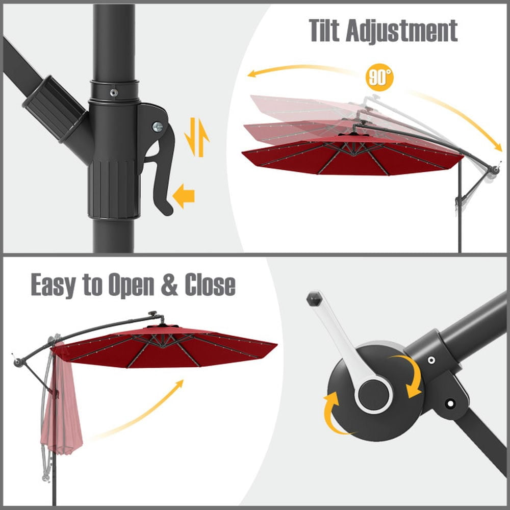 Demifill 10 Ft Patio Umbrella Offset Cantilever Umbrella with 40 Solar Powered Lights, Offset Patio Umbrella for Outdoor, Red
