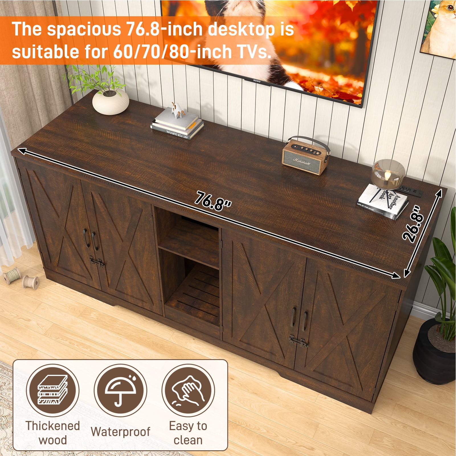 Blotout 77" Large Cat Litter Box Enclosure for 2 Cats with Power Outlets, Litter Box Furniture Hidden with Double Room, Wooden Cat Washroom Furniture with Lockable Door, Cats House, Brown