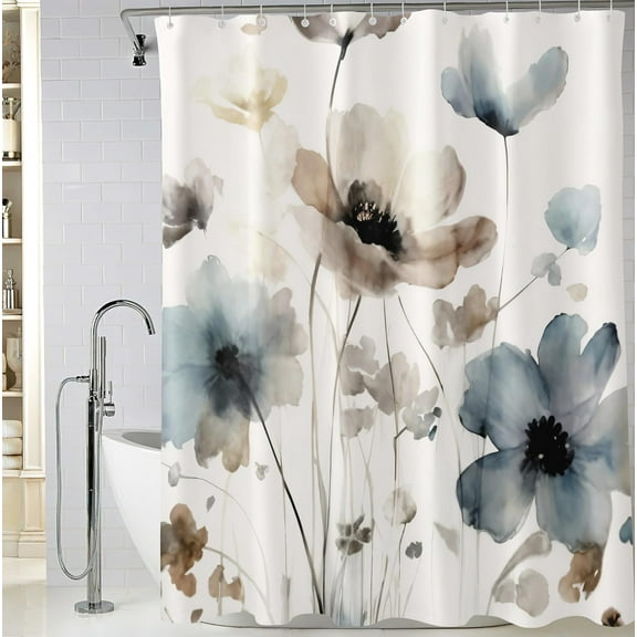 Extra Long Watercolor Ink Floral Shower Curtain, Tan and Dark Blue Wildflower Bathroom Shower Curtain, Fabric Waterproof Shower Curtain with 12 Hooks, 72 x 84 Inch