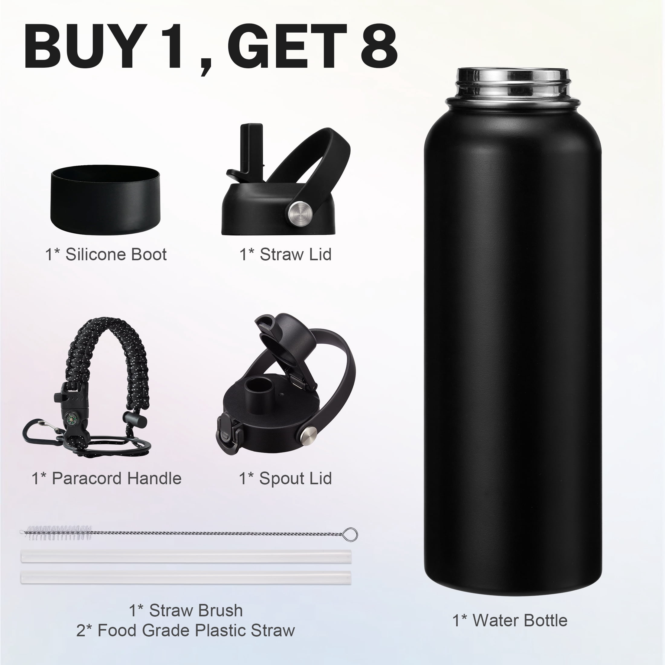 Vacuum Insulated Water Bottle 40oz - with Straw & Spout Lids, Paracord Handle for Sport, Protective Cup Mat, BPA-Free Reusable Insulated Water Bottle - Black Hydro Bottle with Straw,Cold-48H Hot-24H