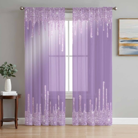 Purple Semi Sheer Curtains 96 Inch Length 2 Panels Set, Modern Minimalist Silver Gradient Texture Art Sheer Kitchen Curtain Privacy Voile Window Curtain for Living Room Bedroom Rod Pocket Drapes