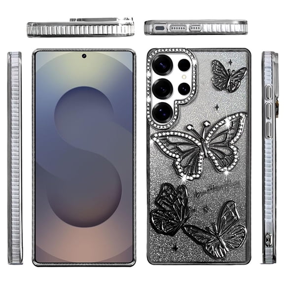 For Samsung Galaxy S26 Ultra Phone Case, Luxury Butterfly Sparkle Glitter Diamond Crystal Rhinestone Shimmer Bling Plating Thick TPU Hard PC Cover for Galaxy S26 Ultra - Black