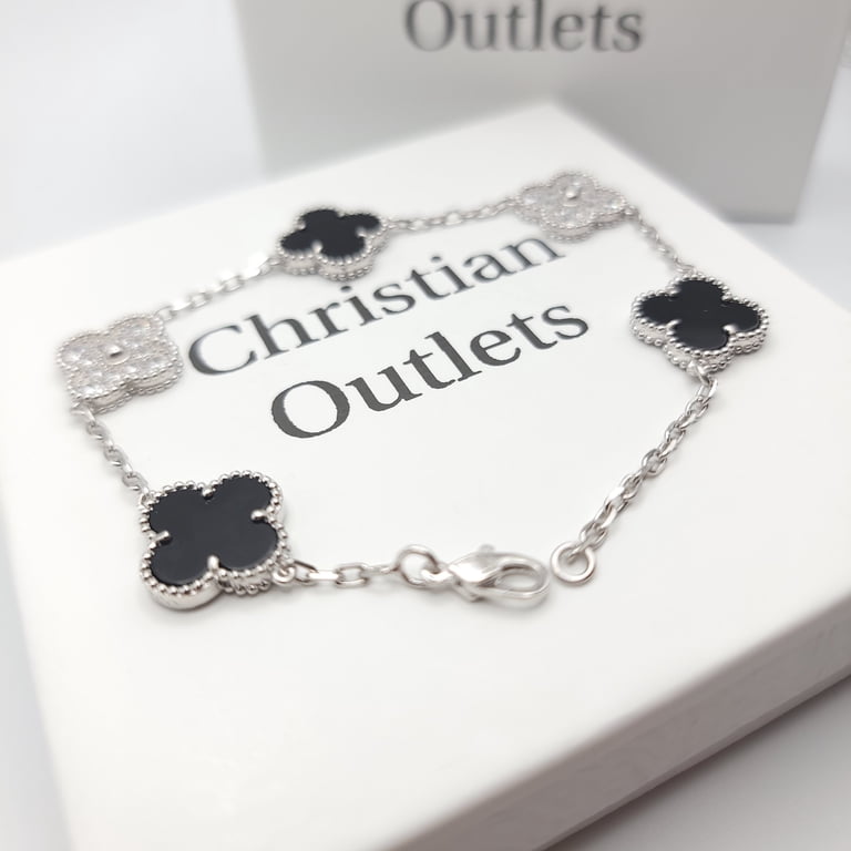 925 Sterling Silver Clover Bracelet Black and Silver Adjustable
