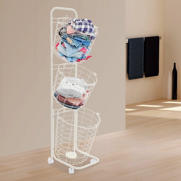 3-tier Laundry Hamper, Laundry Basket with Wheels and 3 Removable Basket White