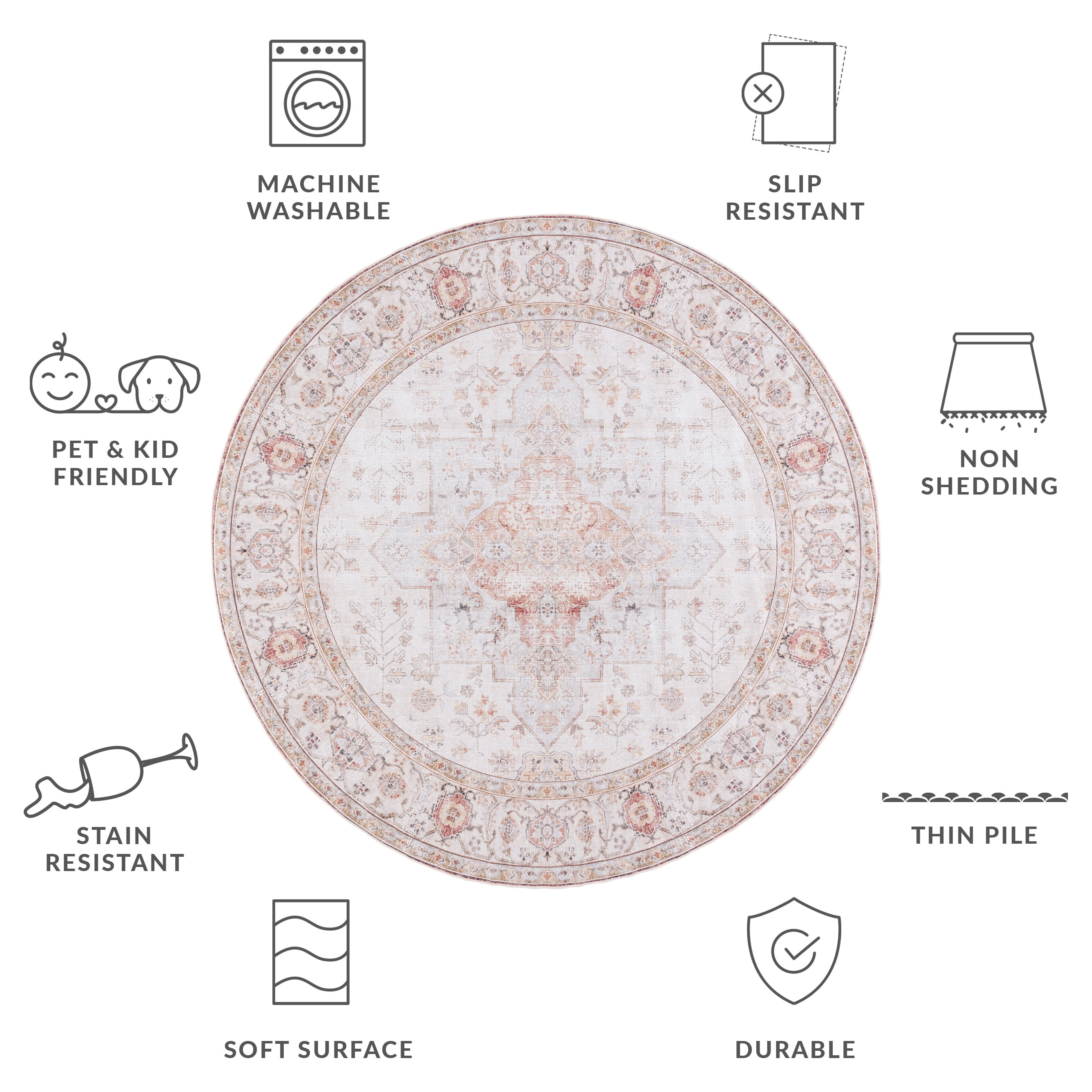 Safavieh Tucson Nazca Oriental Machine Washable Area Rug, Light Gray/Rust, 8' x 8' Round